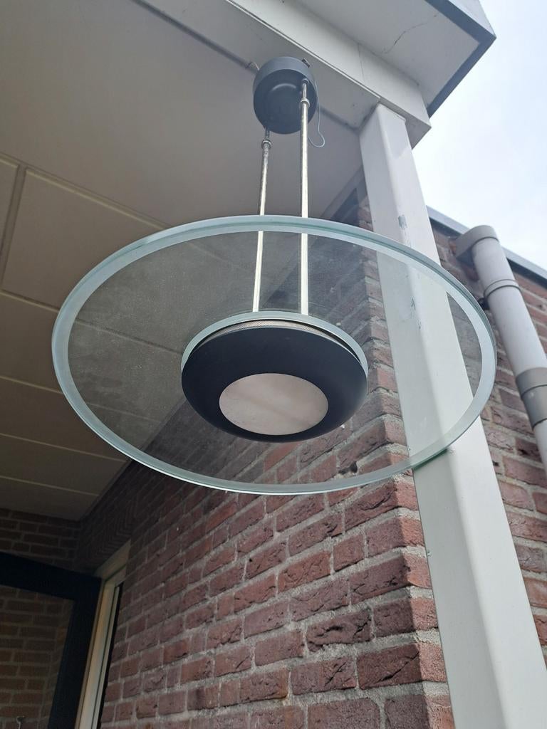 Hanglamp chroom met glazen schaal, Lustrerie Deknudt, Ophalen