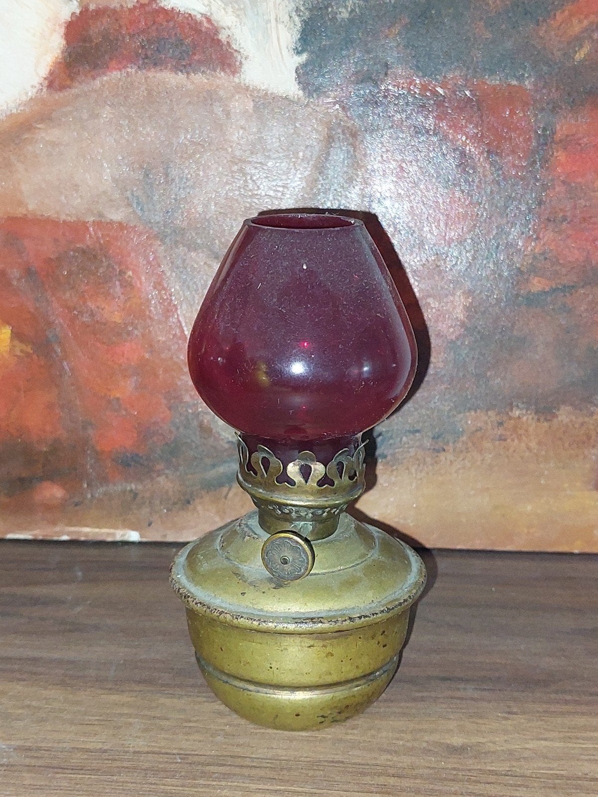 Antiek klein nachtlampje, olielampje met rood glas, ca. 1900, Antiek en Kunst, Antiek | Lampen, Ophalen of Verzenden