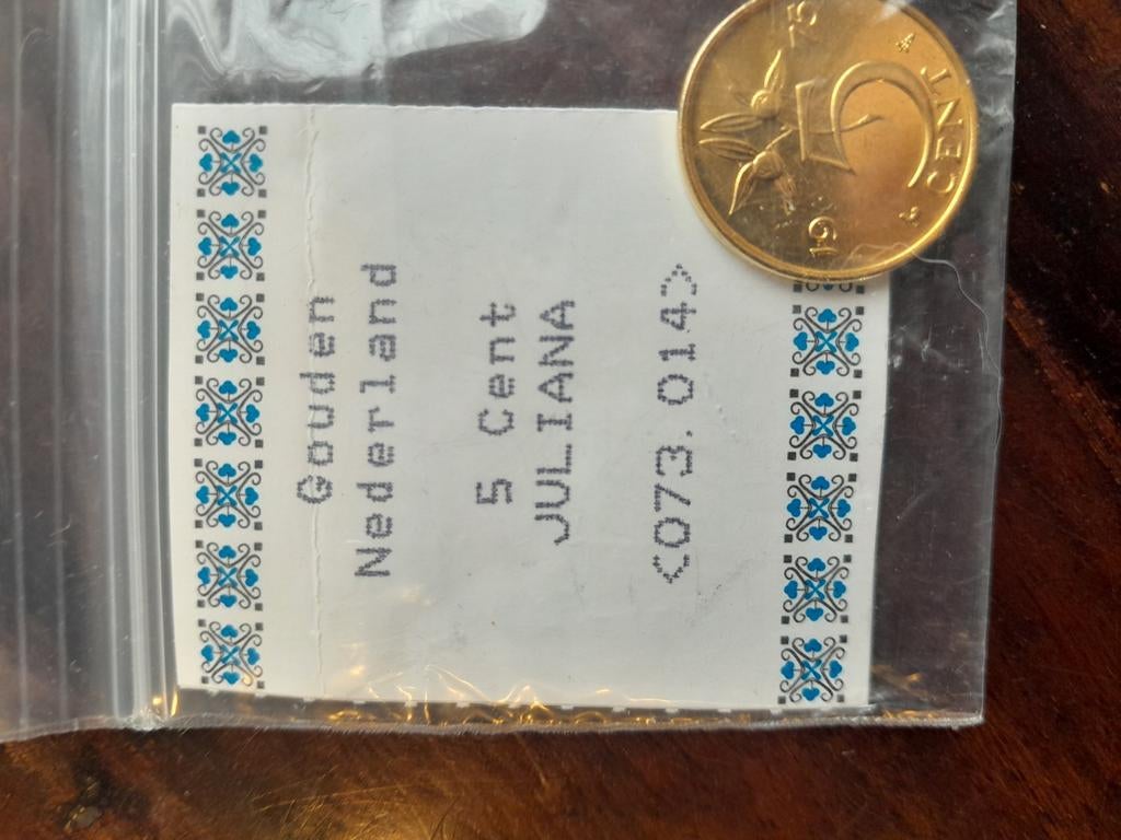 zwaar vergulde 5 cent 1975, Ophalen, Koningin Juliana, Losse munt, Goud