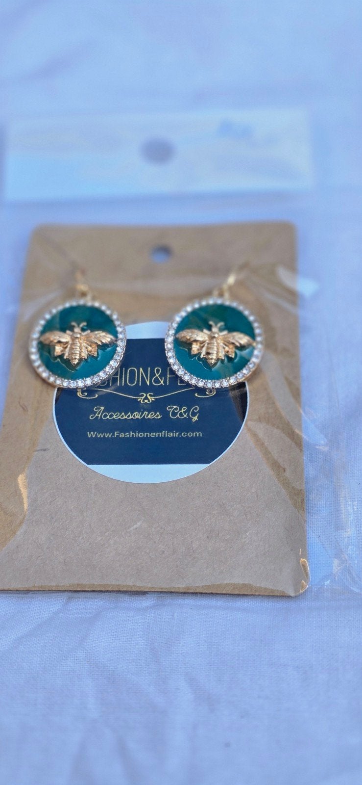 Oorbellen met Bij en Strass - Groen en Goud, Overige materialen, Hangers, Nieuw, Ophalen of Verzenden