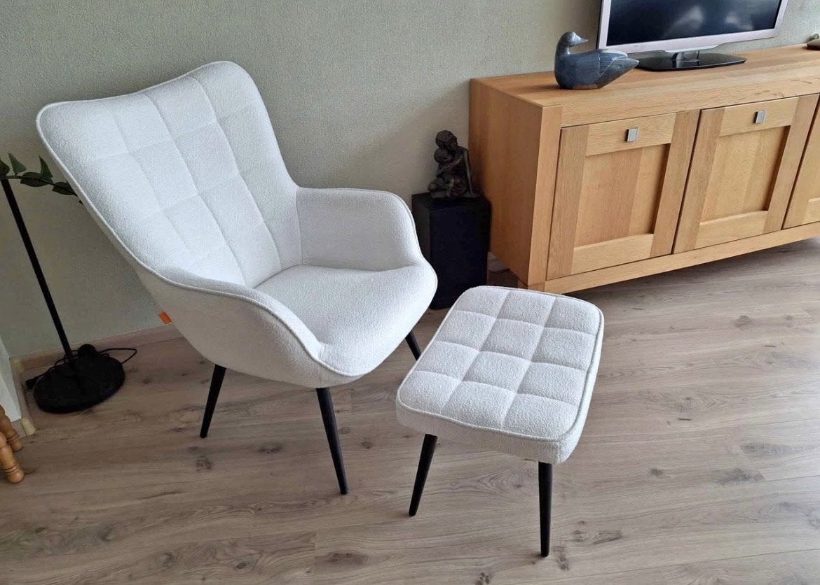 Fauteuil Olle met hocker - teddy bouclé wit Moods Collection, Ophalen, Nieuw, Stof, 75 tot 100 cm