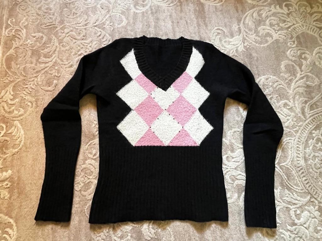 Mohair trui, zwart met roze en witte voorkant, S, zgan, Ophalen of Verzenden, Zo goed als nieuw, Maat 36 (S), Zwart