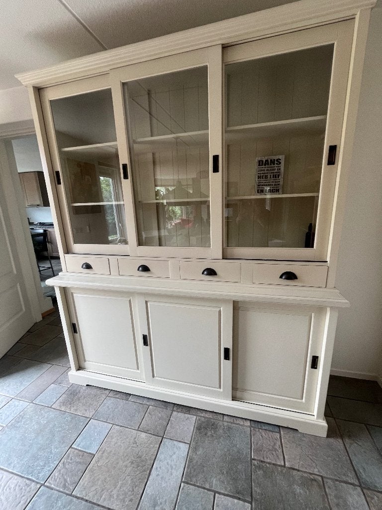 Wit houten buffet/ vitrine kast, Huis en Inrichting, Kasten | Buffetkasten, Ophalen, Gebruikt, 200 cm of meer, 50 tot 100 cm