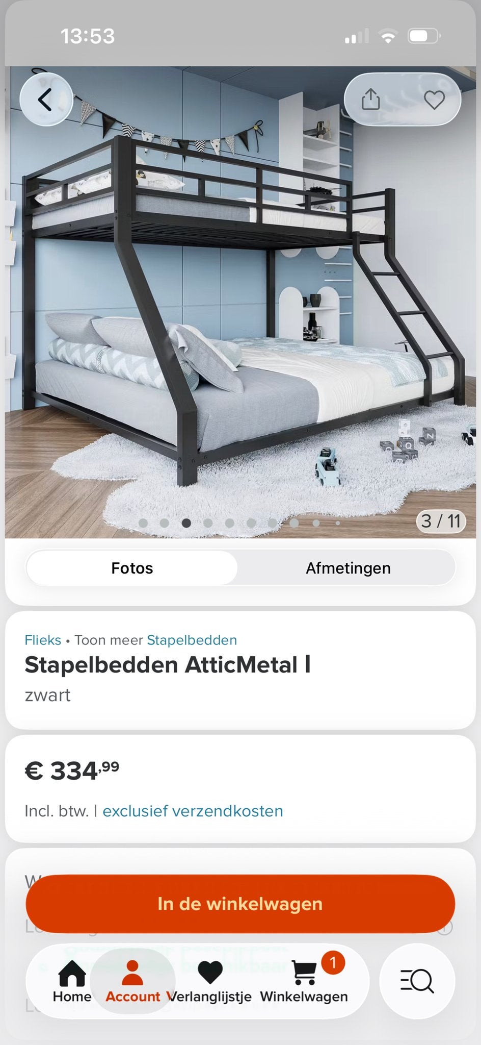 Stapelbed AtticMetal I zwart - Ruimtebesparend  en Stevig, Ophalen, Tweepersoons, Minder dan 160 cm, 140 cm
