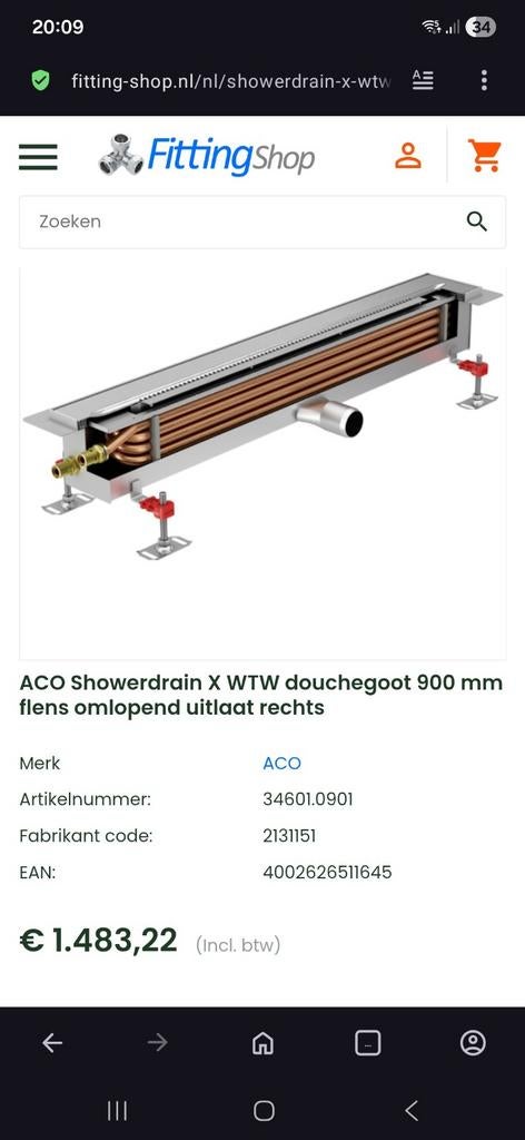 ACO Showerdrain X WTW douchegoot 900 mm Rechts. Douchegoot ., Ophalen of Verzenden