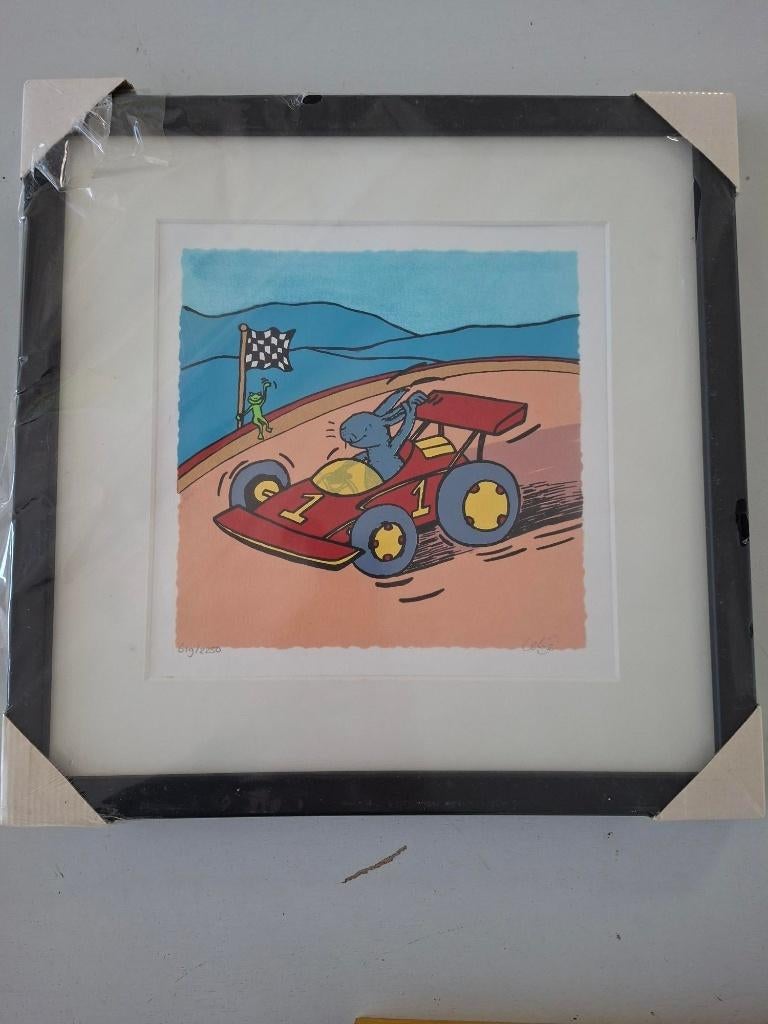 ingelijste litho Celine Maat raceauto konijn kinderkamer, Antiek en Kunst, Kunst | Litho's en Zeefdrukken, Ophalen of Verzenden