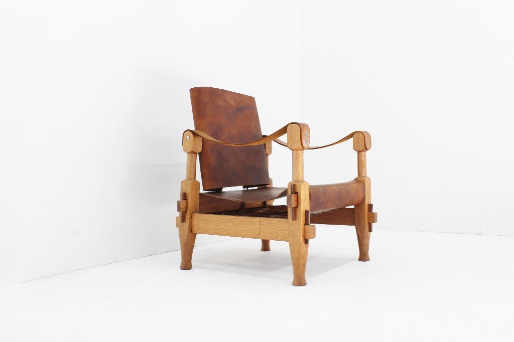 Vintage brutalist leren safari fauteuil 1960s, Ophalen, Gebruikt, Vintage, 50 tot 75 cm