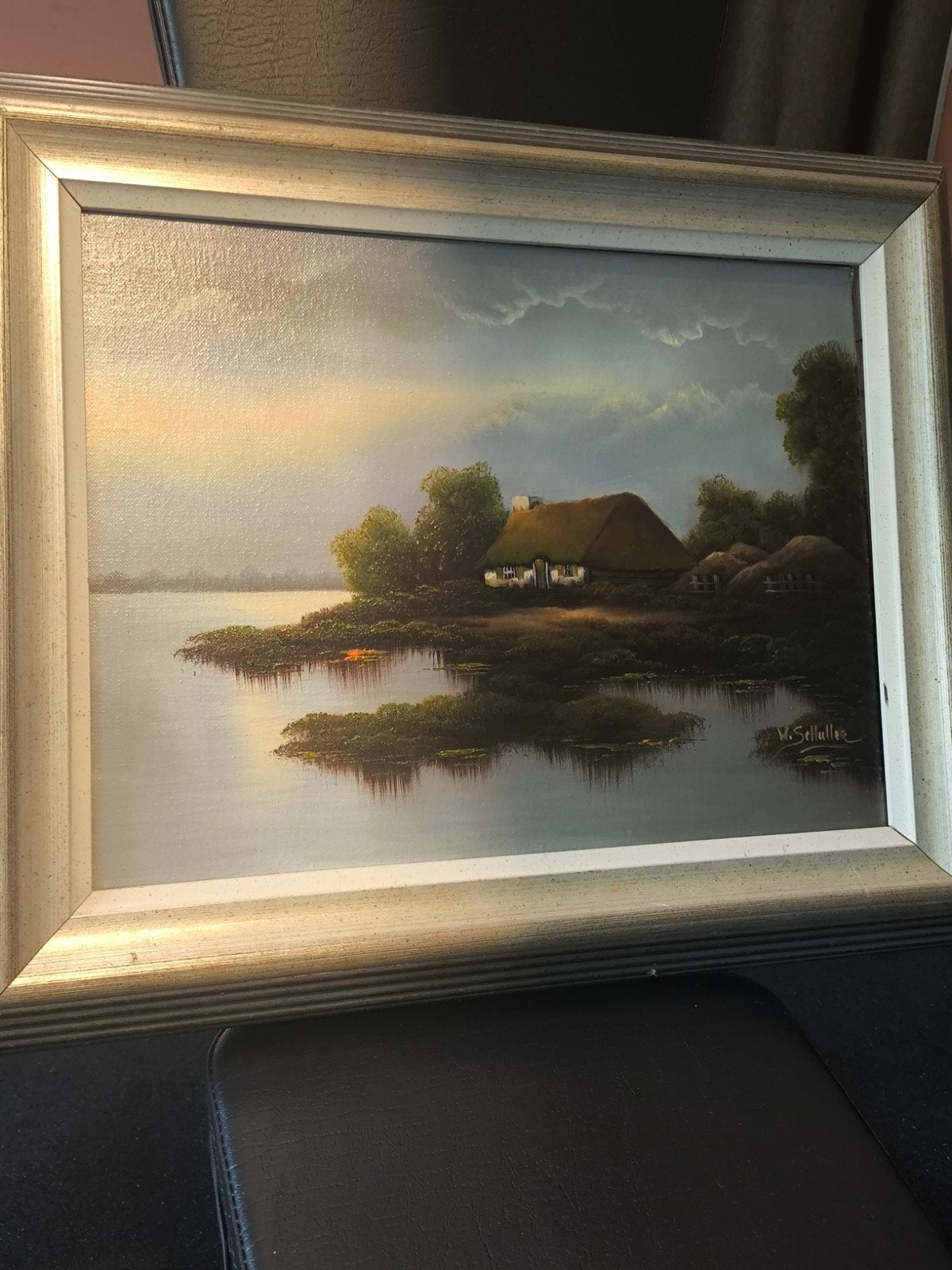 Schilderij met Hollands landschap en rietgedekte boerderij, Antiek en Kunst, Doek, Realistisch, Ophalen of Verzenden, Landschap