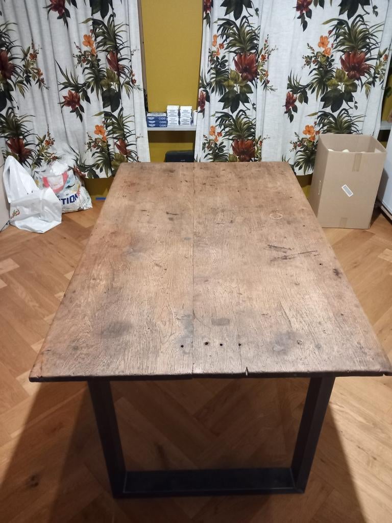 Tafel met antiek eiken blad 150x90, Huis en Inrichting, Tafels | Eettafels, Ophalen, Gebruikt, 100 tot 150 cm, Eikenhout