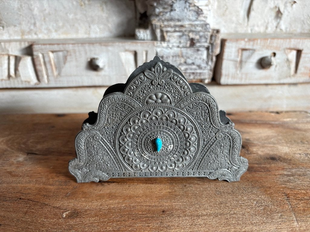 Vintage Tinnen Servethouder met Turquoise Steen, Ophalen of Verzenden