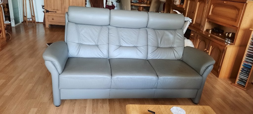 Bankstel leer muisgrijs, Ophalen, Gebruikt, Driepersoons, 200 tot 250 cm