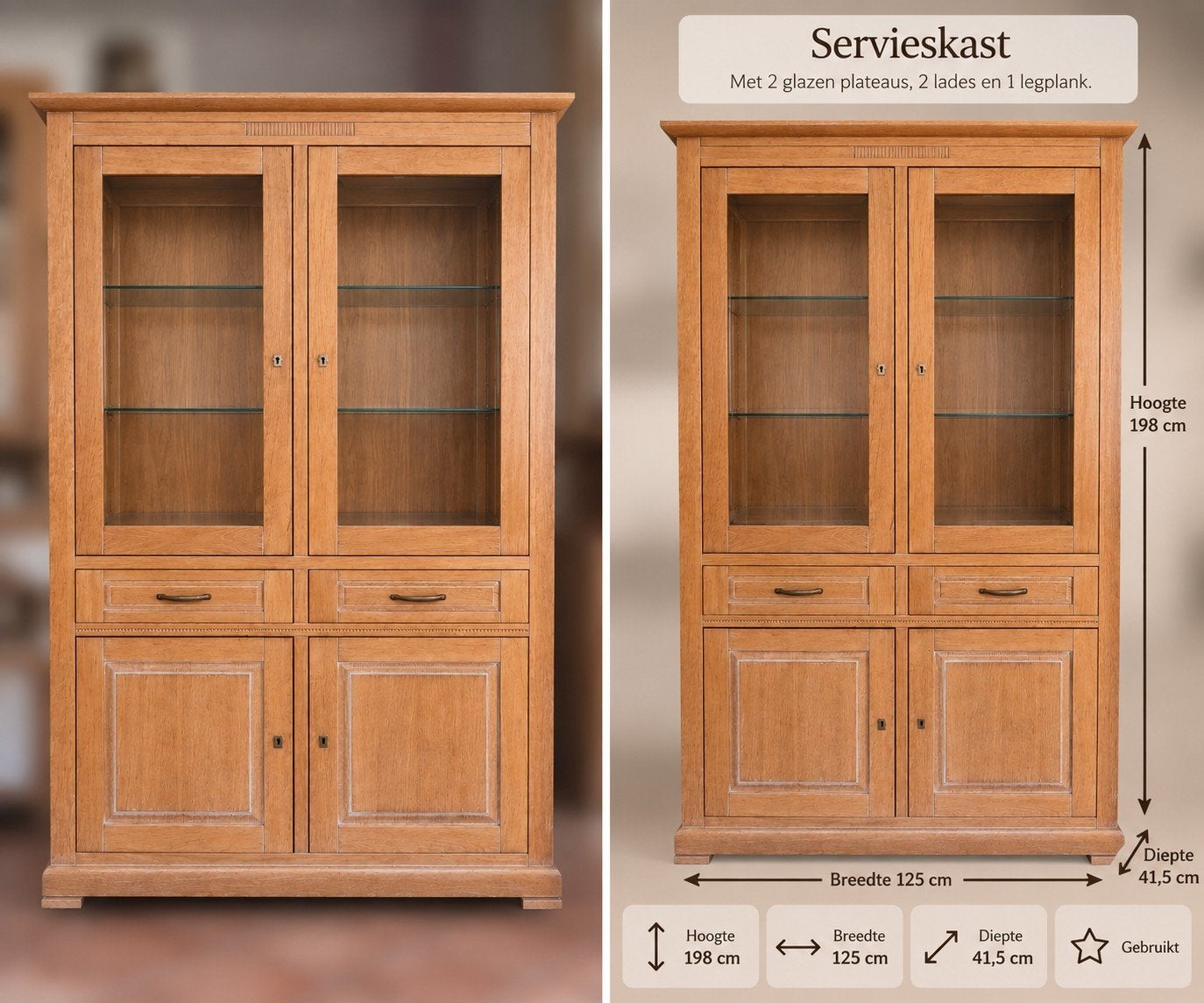 Mooie houten servieskast met glazen deuren – 198 cm hoog