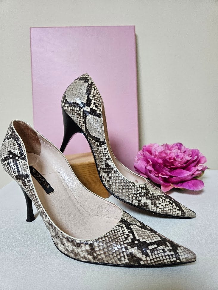 Sergio Rossi pumps leer met slangenprint (maat 38), Pumps, Sergio Rossi, Beige, Ophalen of Verzenden