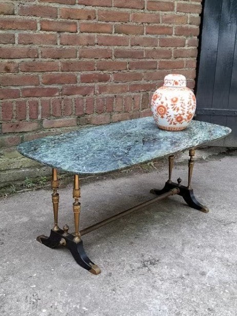 Oude vintage groene marmeren salontafel messing  marble, Gebruikt, 50 tot 100 cm, T, Rond