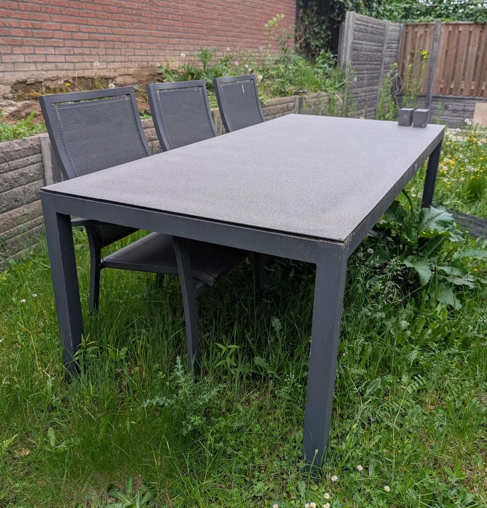 Tuintafel 220x100 metalen frame en glazen/spraystone blad, Ophalen, Gebruikt, Rechthoekig, Metaal