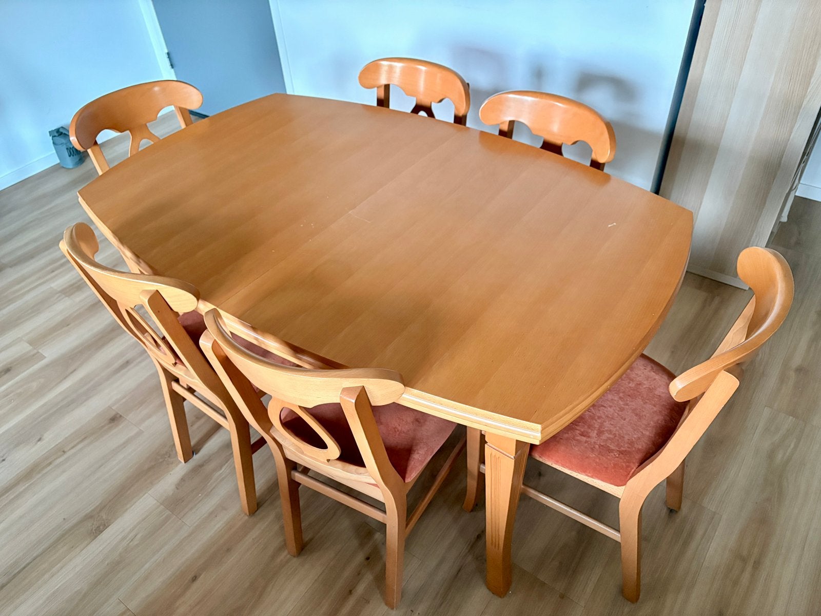 Uitschuifbare eettafel met 6 stoelen, Ophalen, Gebruikt, 200 cm of meer, 50 tot 100 cm