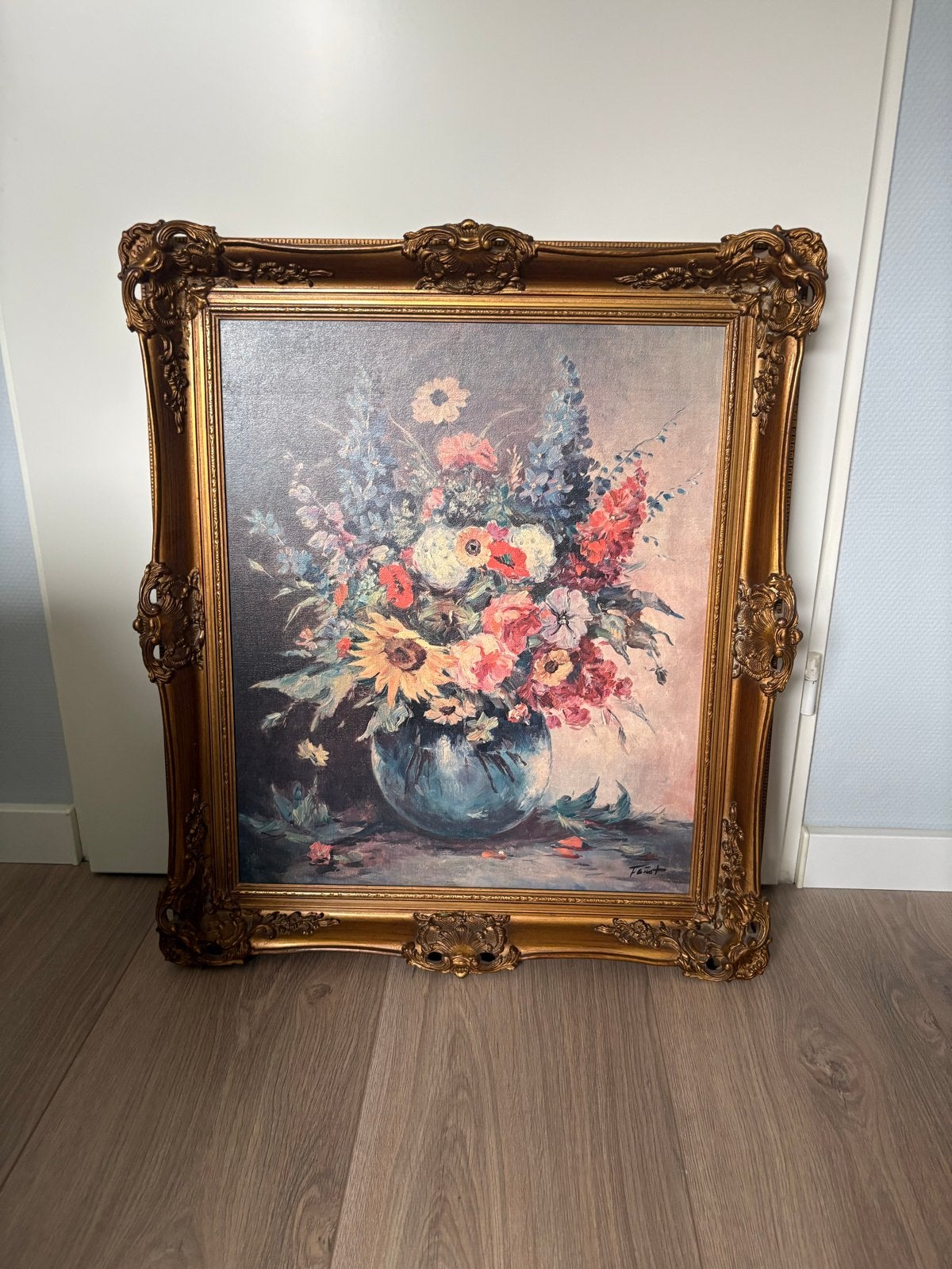Schilderij met bloemen in een vaas, olieverf op doek, Doek, Gesigneerd, Olieverf, Klassiek