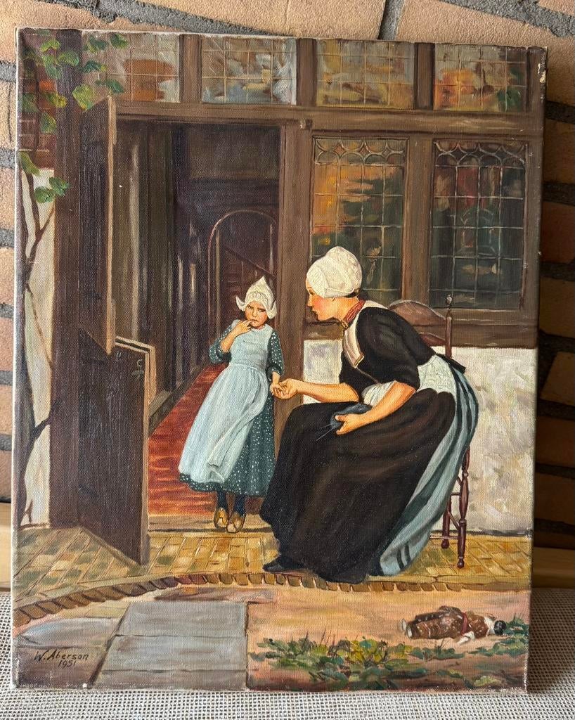 Antiek schilder W.H Aberson moeder dochter Volendams kostuum, Ophalen of Verzenden