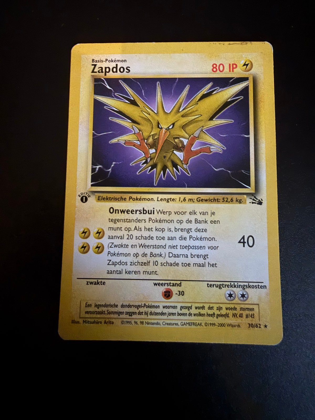 Pokémon Kaart Zapdos 30/62 first edition, Ophalen of Verzenden, Gebruikt, Losse kaart