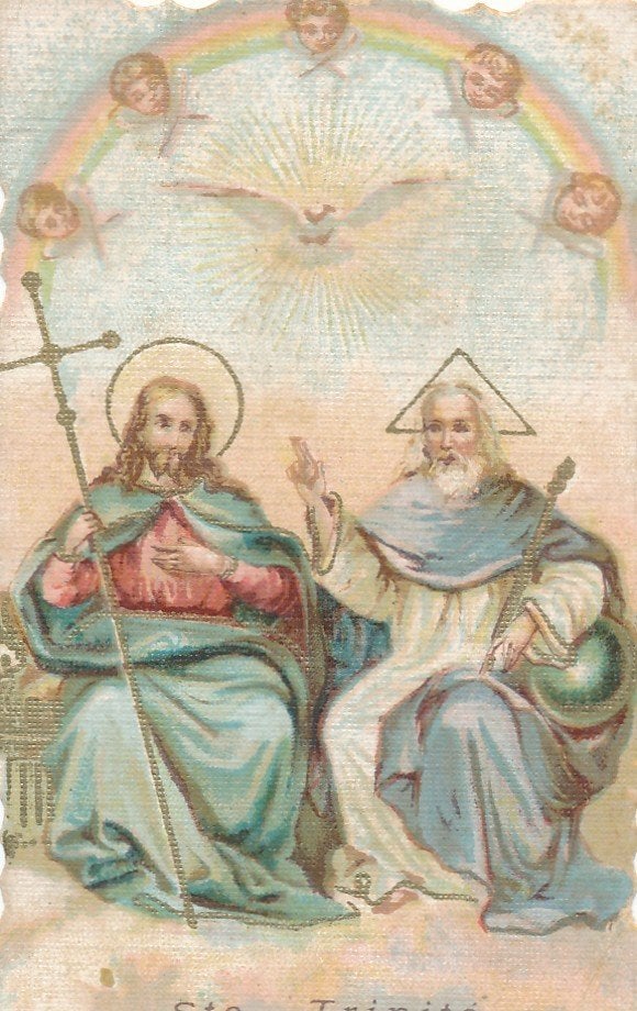 Oud devotieprentje van de Heilige Drie-eenheid, Ophalen of Verzenden, Zo goed als nieuw, Kaart of Prent, Christendom | Katholiek