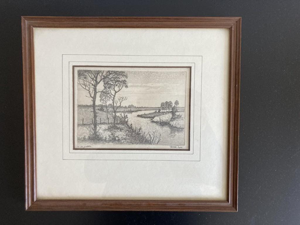 Ets Peter Cox - In de polder, Ingelijst, Ophalen of Verzenden, Landschap, 1950 - 1999