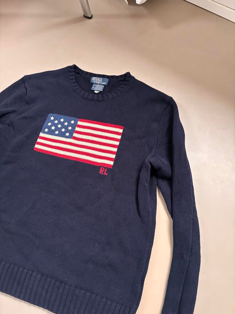 Polo Ralph Lauren Trui met Amerikaanse Vlag - Maat M, Ophalen of Verzenden, Zo goed als nieuw, Maat 48/50 (M), Blauw