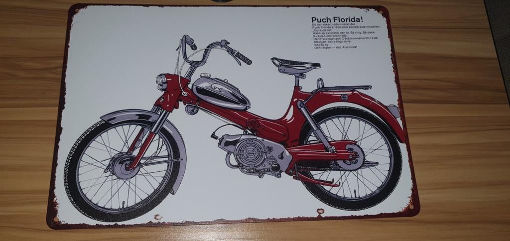 Wandbord met een afbeelding van een puch florida bromfiets., Verzamelen, Merken en Reclamevoorwerpen, Ophalen of Verzenden, Reclamebord