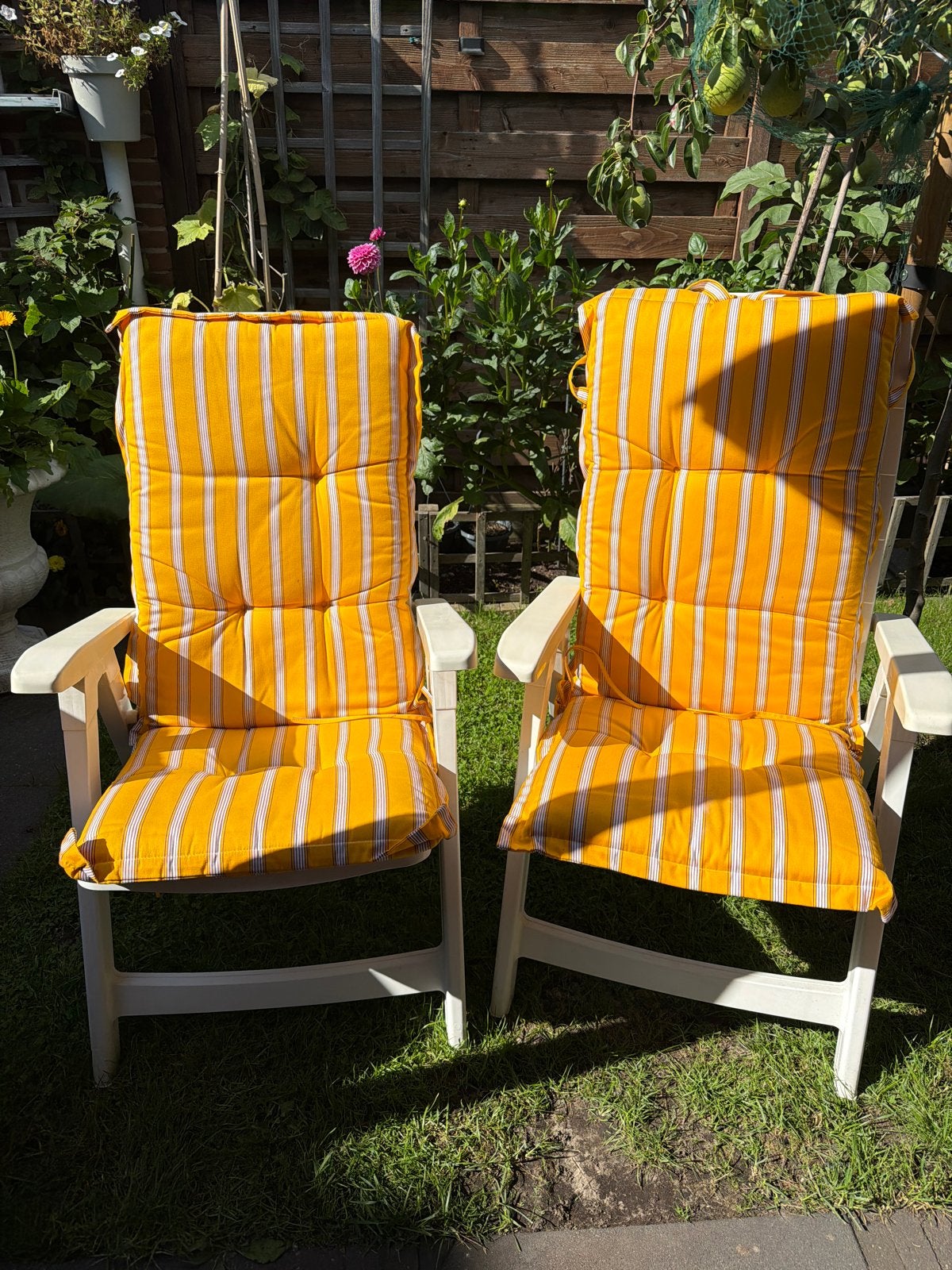 4 tuinstoelen met kussens, nog in goede staat, Ophalen, Gebruikt, Kunststof, Verstelbaar