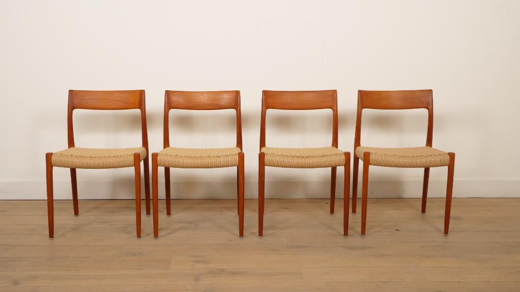 4 x vintage teak eetkamerstoelen Niels Otto Møller Model 77, Gebruikt, Bruin, Ophalen of Verzenden, Vier