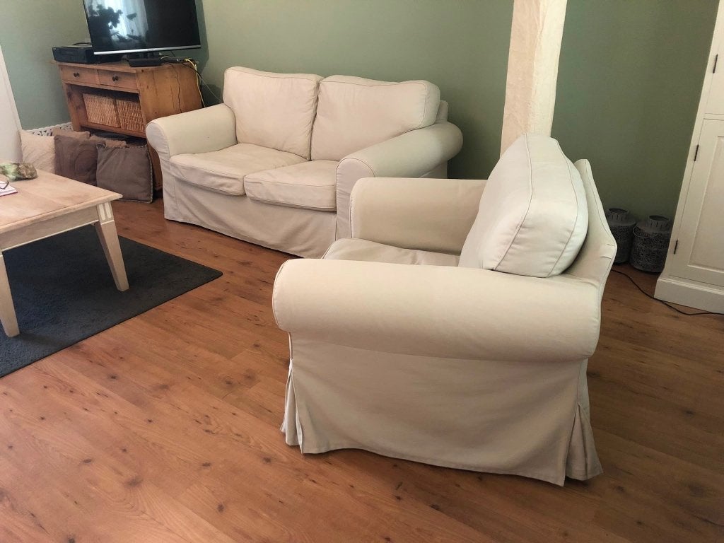 Ruime 2-zits bank met fauteuil Ektorp Ikea, Ophalen, Gebruikt, Driepersoons, 75 tot 100 cm