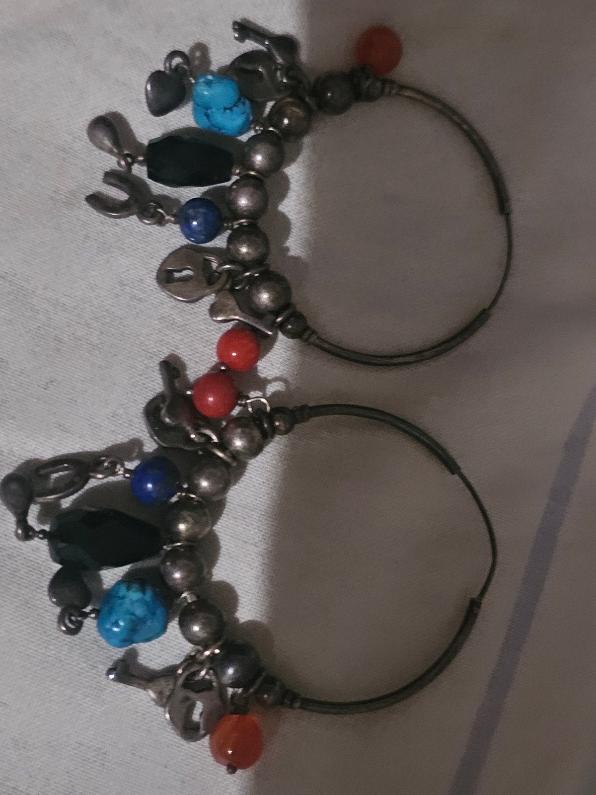 Antieke Zilveren 925 Oorbellen met Turkoois, Onyx en Koraal, Overige kleuren, Ophalen of Verzenden, Met edelsteen, Zilver