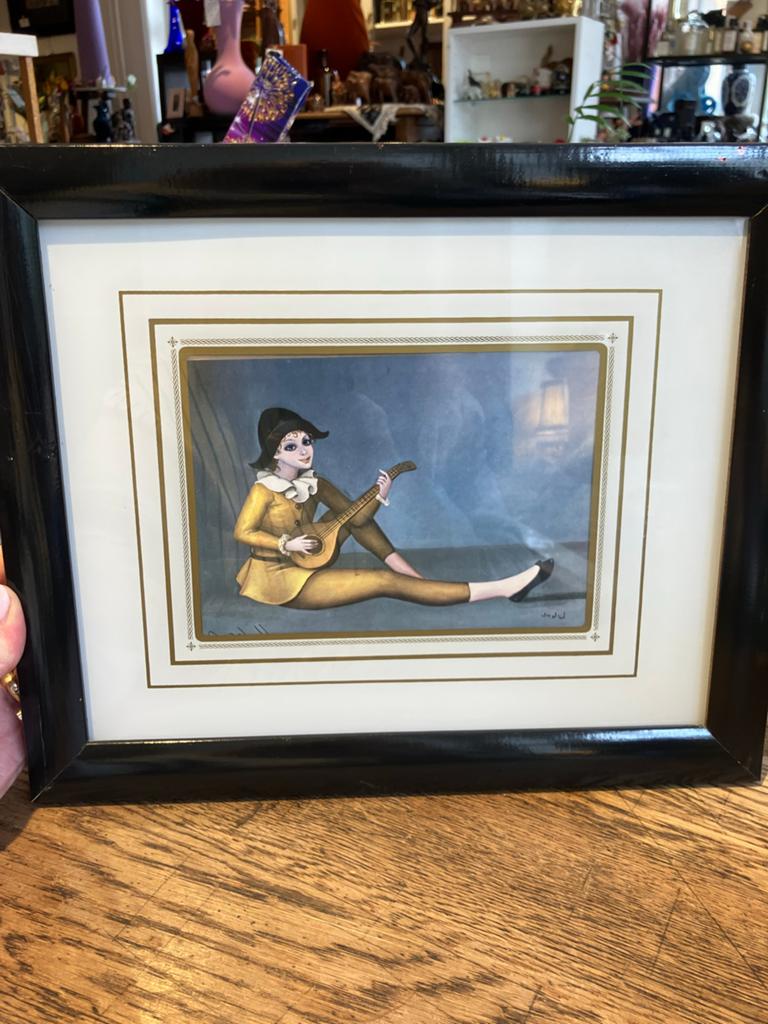 Vintage ingelijste print van Pierrot met mandoline, Ophalen of Verzenden
