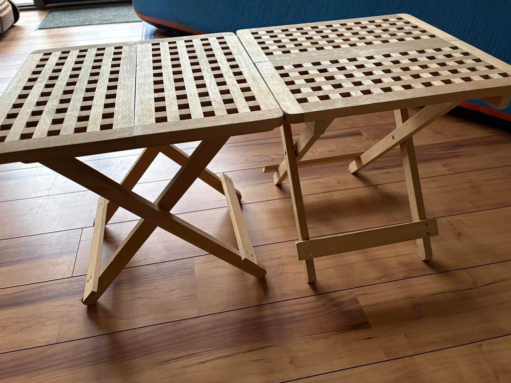 2 inklapbare houten bijzettafels, Minder dan 55 cm, Vierkant, Zo goed als nieuw, Hout