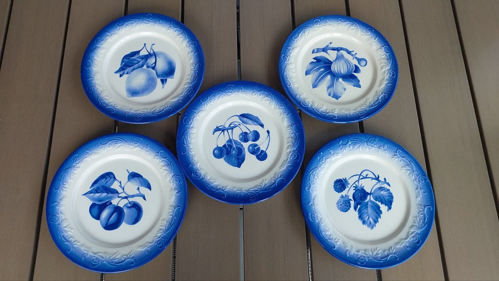 Set van 5 antieke Franse Lunéville KG borden met boomfruit, Ophalen of Verzenden