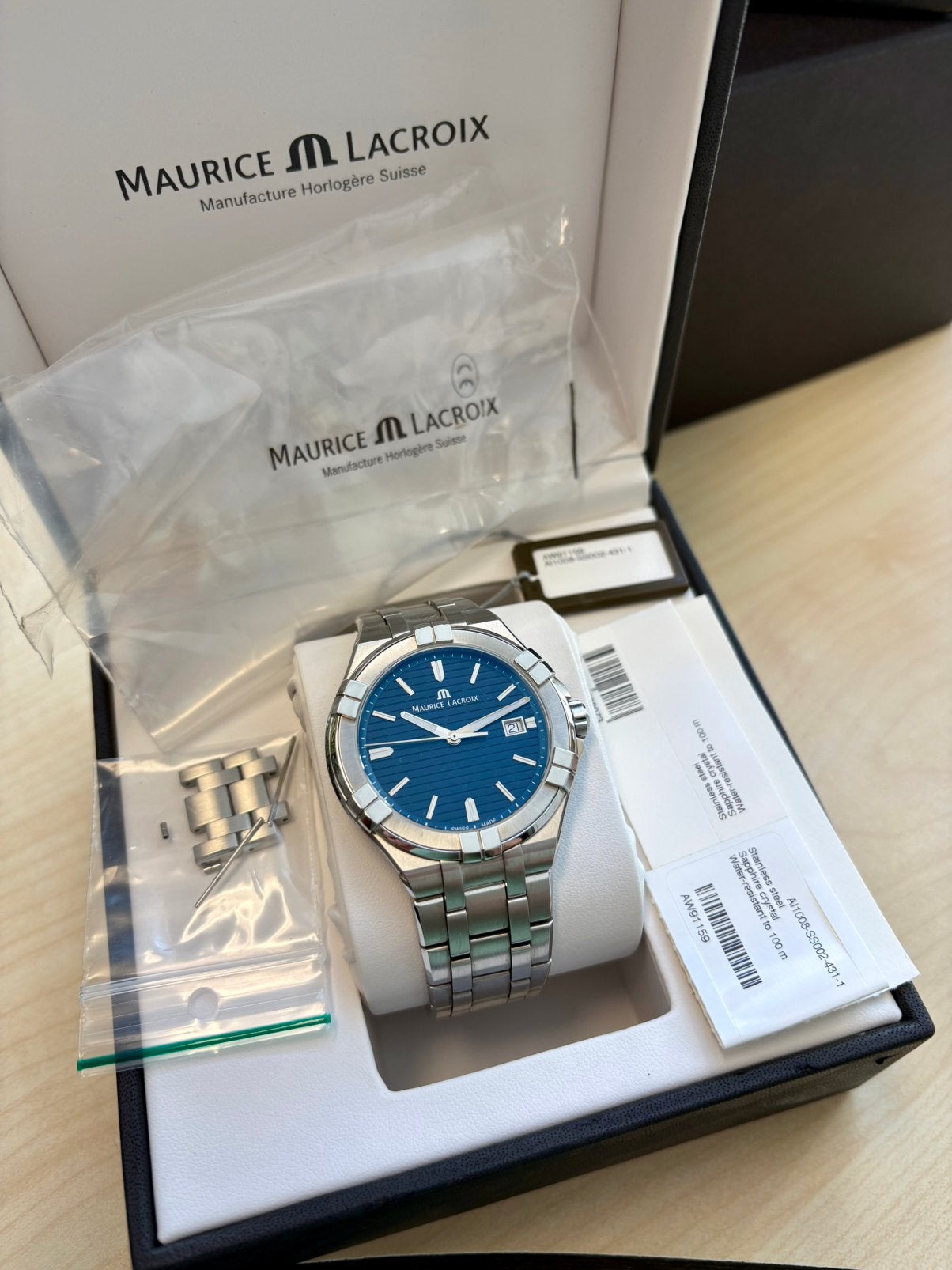 Maurice Lacroix Aikon AI1008 Blauwe Wijzerplaat 41m, Overige merken, Staal, Staal, Polshorloge