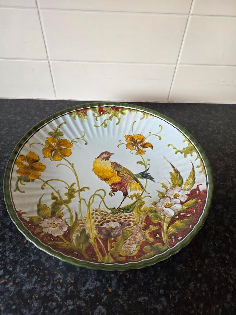 Delfts Polychroom Wandbord - Handgeschilderd met Vogel, Antiek en Kunst, Antiek | Wandborden en Tegels, Ophalen