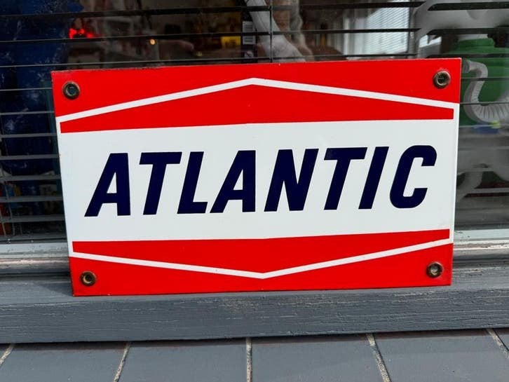 Vintage Atlantic Emaille Reclamebord - Klassiek Garage Decor, Reclamebord, Gebruikt, ., Ophalen of Verzenden