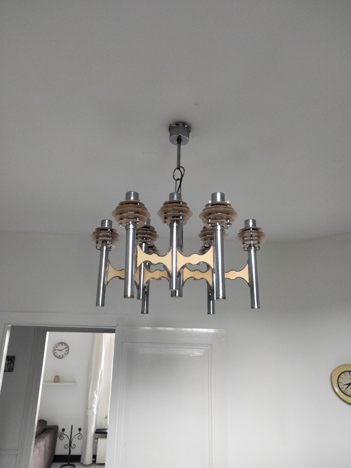 Vintage Chroom, art-deco, Gaetano Sciolari Kroonluchter, Overige houtsoorten, Gebruikt, Minder dan 25 cm, Minder dan 100 cm