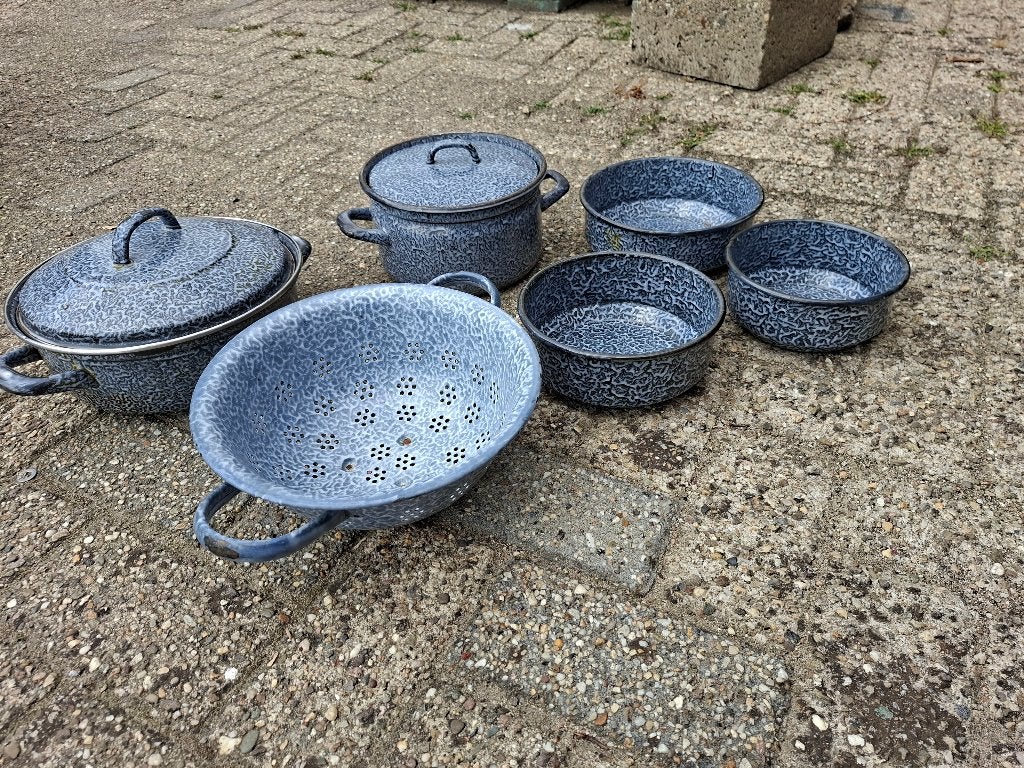 Grijze wolk emaille pannen set vergiet en schalen, Ophalen of Verzenden