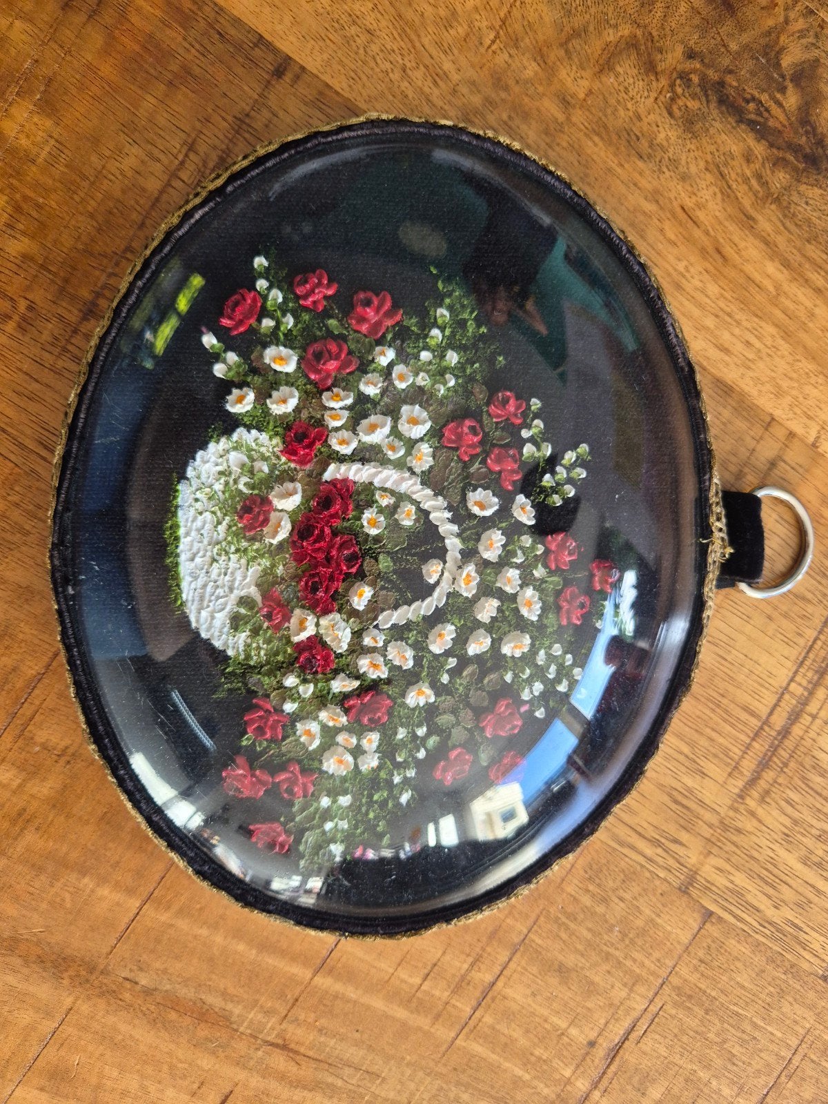 Vintage schilderijtje Bloemenmand in Koepel, Ophalen of Verzenden