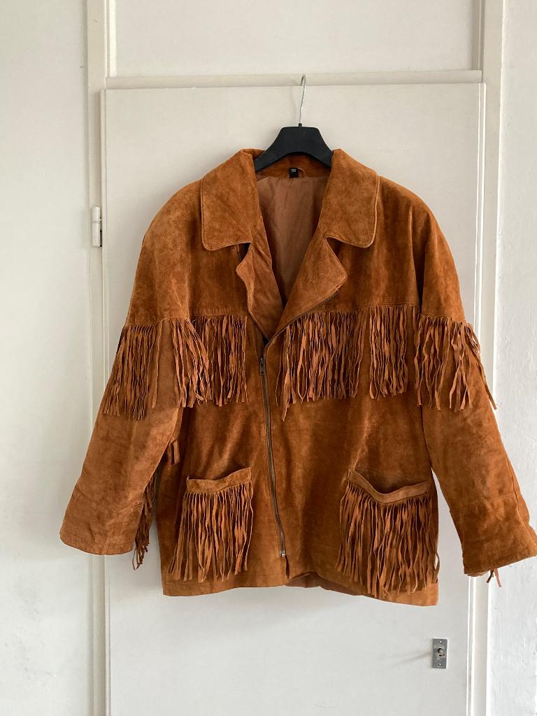 Suède leren jas met franjes, cognac kleurig, maat 50, Ophalen of Verzenden, Gedragen, Maat 48/50 (M), Bruin