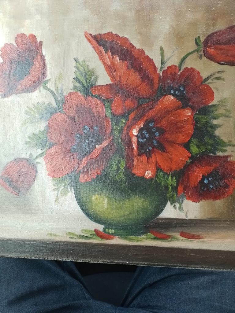 rode klaprozen in vaas, gesigneerd, Ophalen of Verzenden