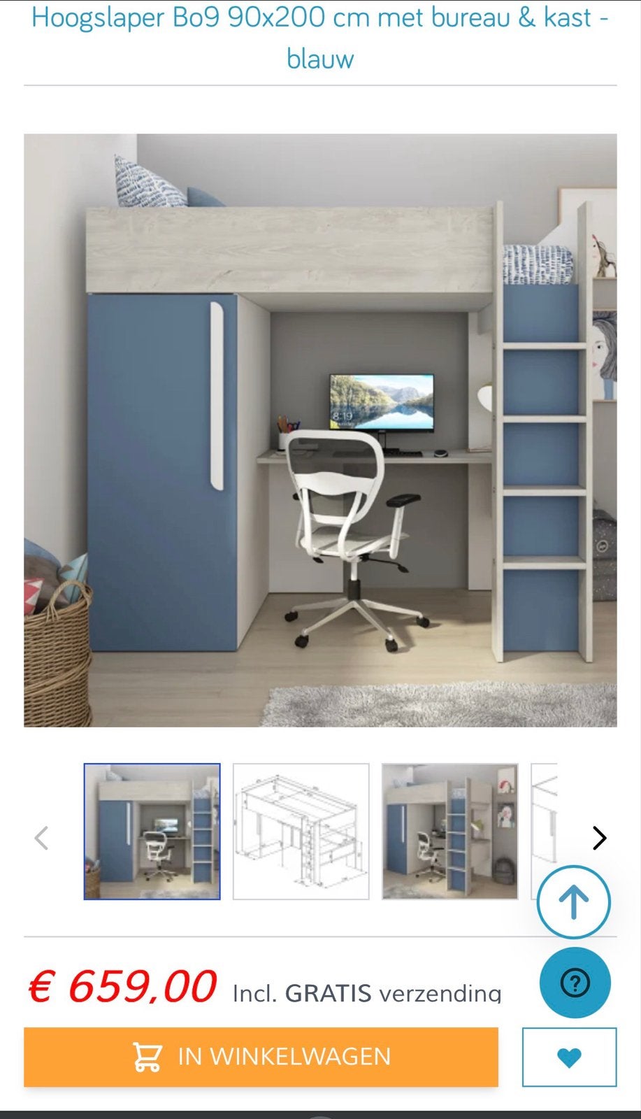 Hoogslaper Bo9 90x200 cm met bureau en kledingkast, Ophalen, Eenpersoons, Zo goed als nieuw, 200 cm