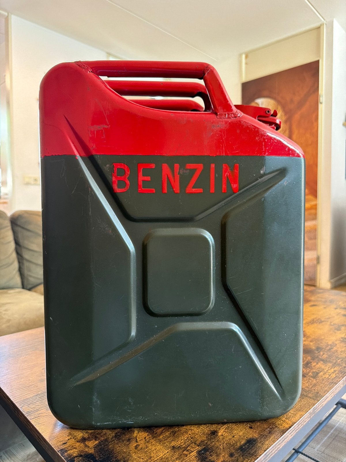 Vintage Benzine Jerrycan - Rood/Groen - 35x45 cm, Ophalen of Verzenden