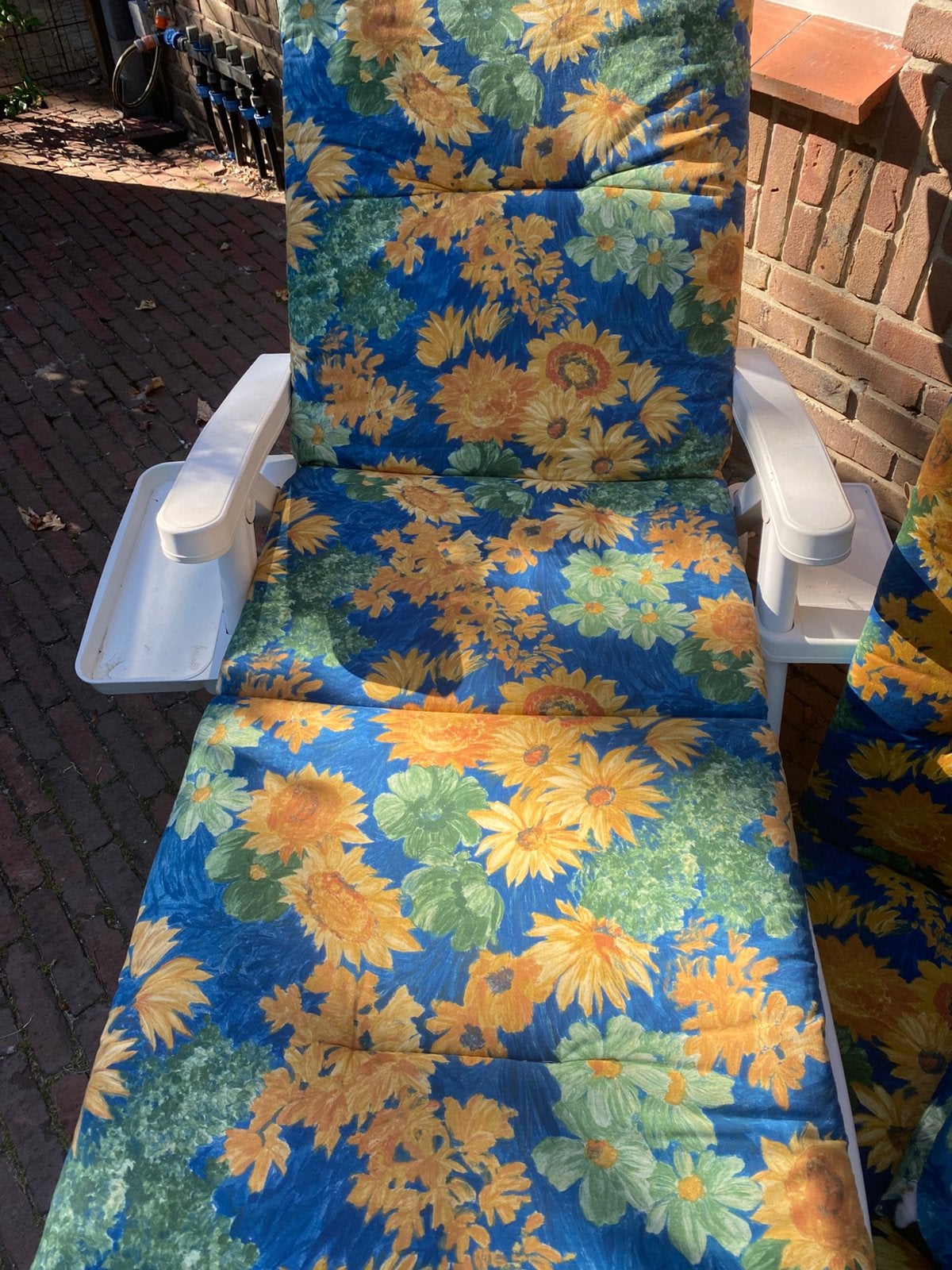Zonnebloemen op blauw ligbed en stoelkussens, Tuin en Terras, Ophalen of Verzenden, Zo goed als nieuw
