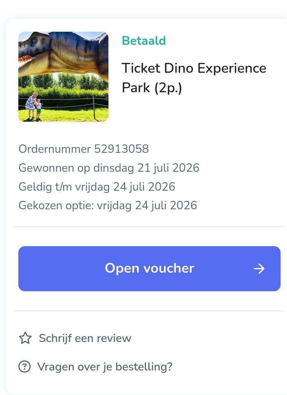 Entreebewijs 2 personen Dinopark Gouda 24 juli, Twee personen, Ticket of Toegangskaart