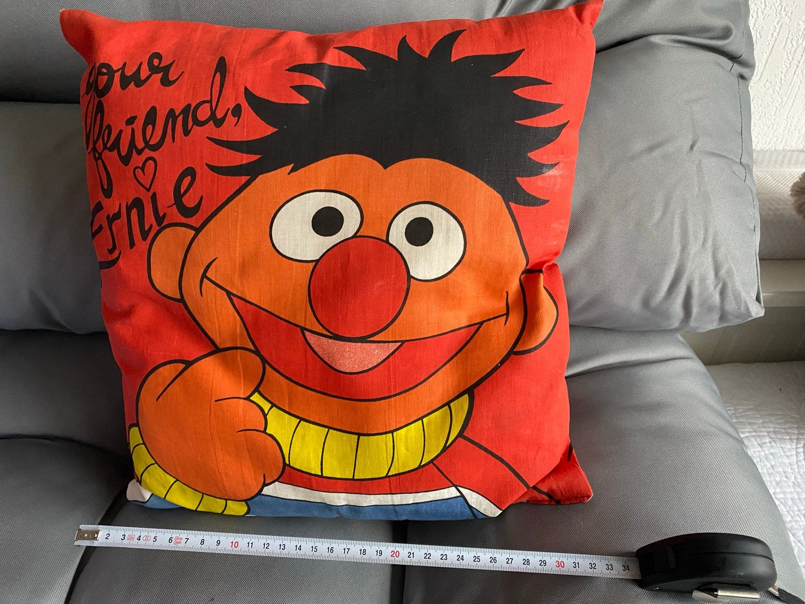 Vintage Sesamstraat Ernie Kussen - Rood Sierkussen, Overige merken, Gebruikt, Vierkant, Ophalen of Verzenden