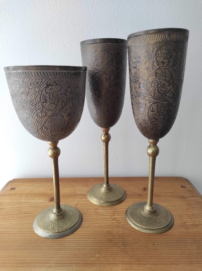 Indiase bruidsbekers set van 3 bronzen kelken, Ophalen of Verzenden, Gebruikt, Metaal, Oosters
