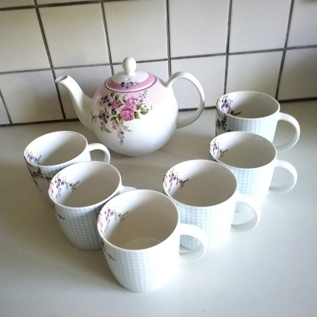 Fleurique by Sec Theeset: Theepot met 6 mokken, Ophalen of Verzenden, Zo goed als nieuw, Overige stijlen, Kop(pen) en/of Schotel(s)