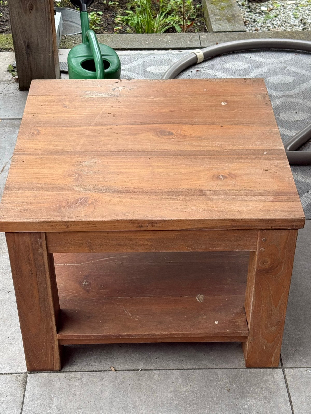 2 teakHouten bijzettafels 60x60x45 cm, Huis en Inrichting, Gebruikt, Vierkant, 55 tot 75 cm, Hout